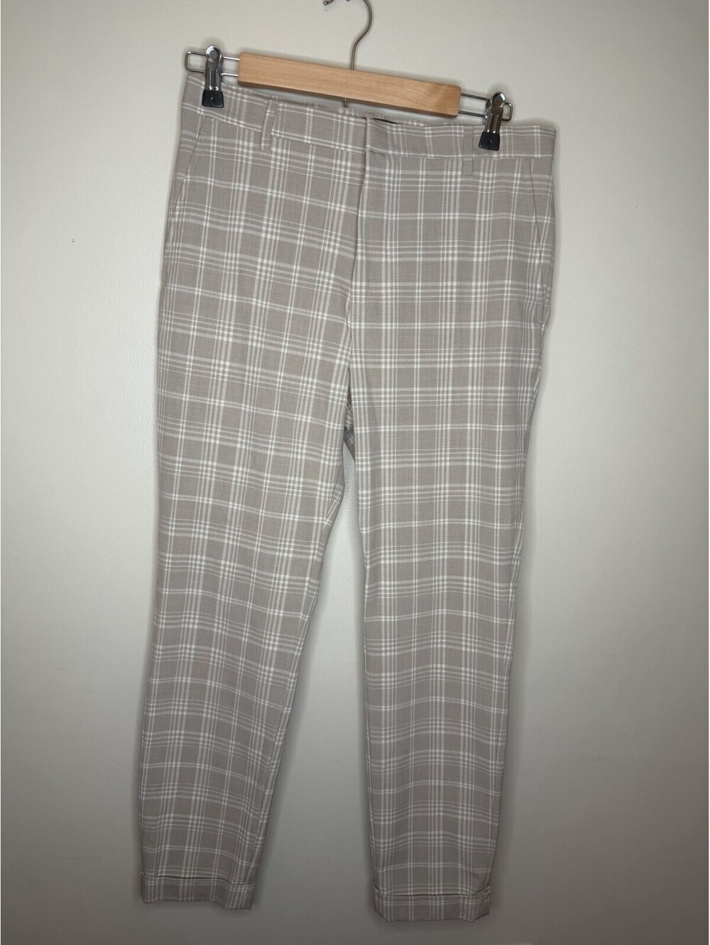 H&M Men's Skinny Fit Beige Plaid Stretch Chino Pants Waist 31